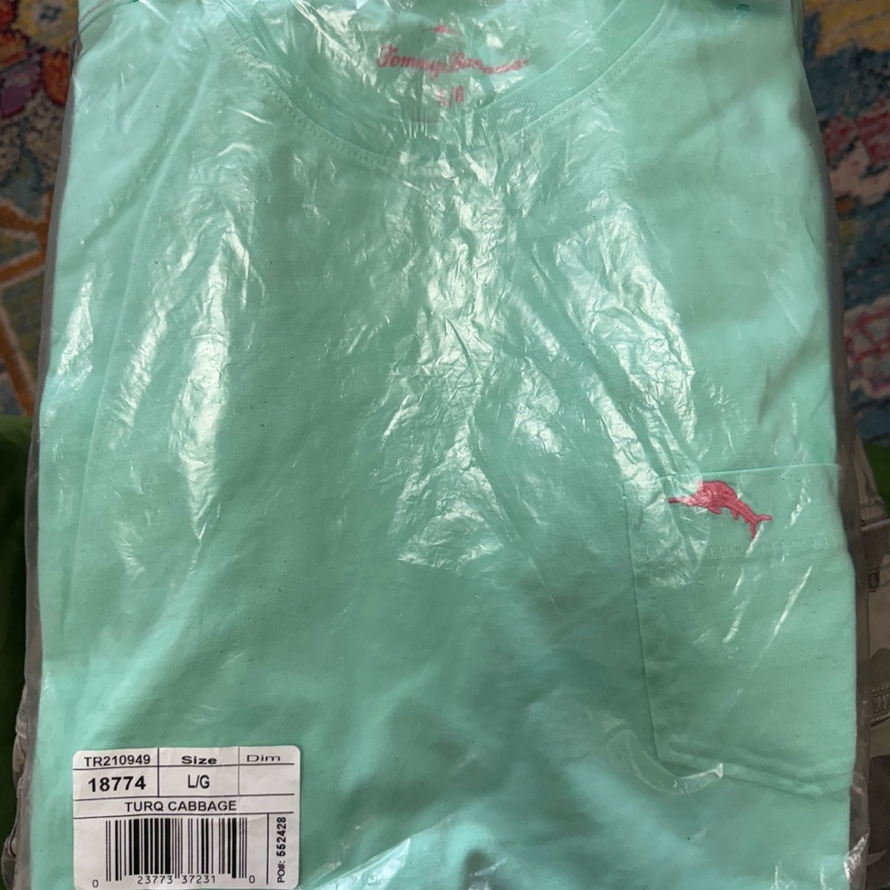 Tommy Bahama Mens Turquoise Tee with Pink Logo